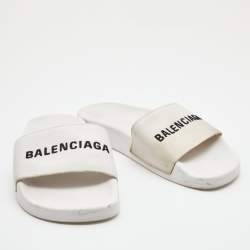 Pre Owned Balenciaga White Canvas Pool Flat Slides Size 36