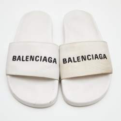 Pre Owned Balenciaga White Canvas Pool Flat Slides Size 36