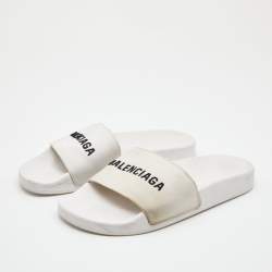 Pre Owned Balenciaga White Canvas Pool Flat Slides Size 36