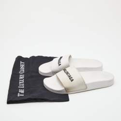 Pre Owned Balenciaga White Canvas Pool Flat Slides Size 36