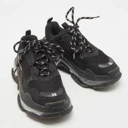 Pre Owned Balenciaga Black Mesh and Leather Triple S Clear Sneakers Size 38
