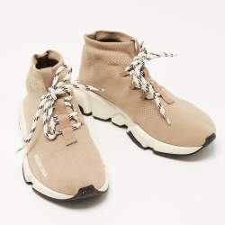 Balenciaga Beige Knit Fabric Speed Trainer Lace Up Sneakers Size 39