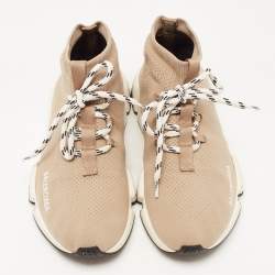 Balenciaga Beige Knit Fabric Speed Trainer Lace Up Sneakers Size 39