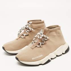 Balenciaga Beige Knit Fabric Speed Trainer Lace Up Sneakers Size 39