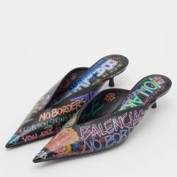 Pre Owned Balenciaga Multicolor Graffiti Leather Knife Mules Size 37