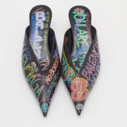 Pre Owned Balenciaga Multicolor Graffiti Leather Knife Mules Size 37