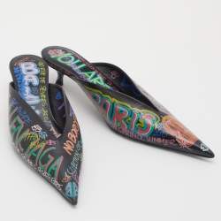 Pre Owned Balenciaga Multicolor Graffiti Leather Knife Mules Size 37
