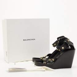 Pre Owned Balenciaga Black Leather Studded Wedge Ankle Cuff Sandals Size 37.5