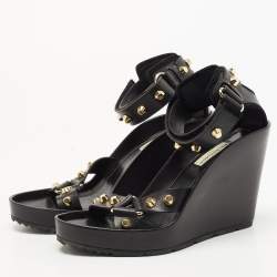 Pre Owned Balenciaga Black Leather Studded Wedge Ankle Cuff Sandals Size 37.5