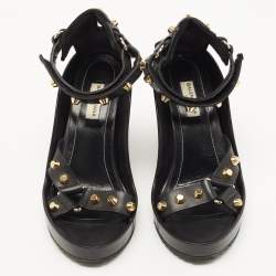 Pre Owned Balenciaga Black Leather Studded Wedge Ankle Cuff Sandals Size 37.5