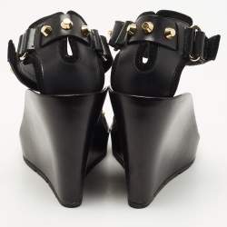 Pre Owned Balenciaga Black Leather Studded Wedge Ankle Cuff Sandals Size 37.5