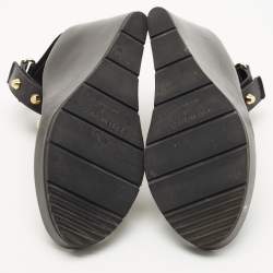 Pre Owned Balenciaga Black Leather Studded Wedge Ankle Cuff Sandals Size 37.5