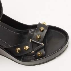 Pre Owned Balenciaga Black Leather Studded Wedge Ankle Cuff Sandals Size 37.5