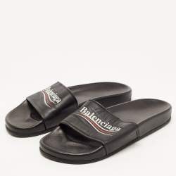 Balenciaga Black Leather Logo Slides Size 39