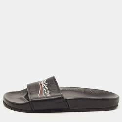 Balenciaga Black Leather Logo Slides Size 39