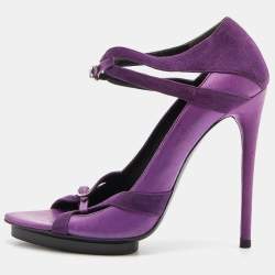 Pre Owned Balenciaga Purple Leather and Suede Double Buckle Strap Platform Sandals Size 39