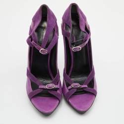 Pre Owned Balenciaga Purple Leather and Suede Double Buckle Strap Platform Sandals Size 39