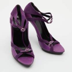 Pre Owned Balenciaga Purple Leather and Suede Double Buckle Strap Platform Sandals Size 39