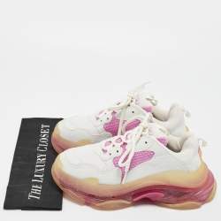 Balenciaga White/Pink Leather and Mesh Triple S Clear Sneakers Size 37