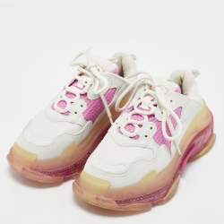 Balenciaga White/Pink Leather and Mesh Triple S Clear Sneakers Size 37