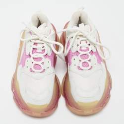 Balenciaga White/Pink Leather and Mesh Triple S Clear Sneakers Size 37