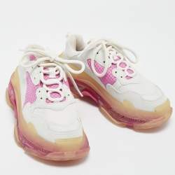 Balenciaga White/Pink Leather and Mesh Triple S Clear Sneakers Size 37