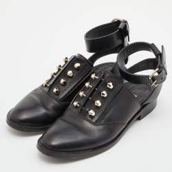مملوكة مسبقًا Balenciaga Black Leather Stud Ankle Strap Flat Mules Size 36