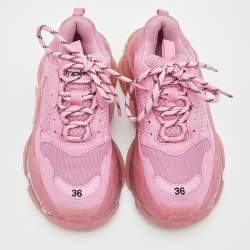 Pre Owned Balenciaga Pink Nubuck and Mesh Triple S  Clear Sneakers Size 36