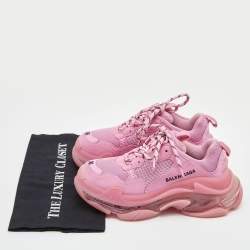 Pre Owned Balenciaga Pink Nubuck and Mesh Triple S  Clear Sneakers Size 36