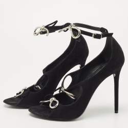 Balenciaga Black Suede Boucle Bow Open Toe Pumps Size 38.5