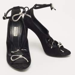 Balenciaga Black Suede Boucle Bow Open Toe Pumps Size 38.5