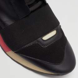 Pre Owned Balenciaga Black/Pink Leather and Fabric Race Runner Sneakers Size 38