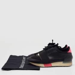 Pre Owned Balenciaga Black/Pink Leather and Fabric Race Runner Sneakers Size 38