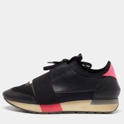 Pre Owned Balenciaga Black/Pink Leather and Fabric Race Runner Sneakers Size 38