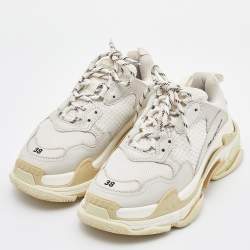 Pre Owned Balenciaga White/Grey Leather and Mesh Triple S Clear Sneakers Size 38