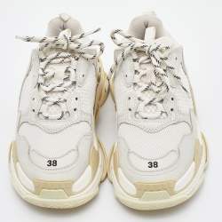 Pre Owned Balenciaga White/Grey Leather and Mesh Triple S Clear Sneakers Size 38