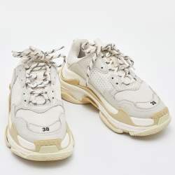 Pre Owned Balenciaga White/Grey Leather and Mesh Triple S Clear Sneakers Size 38