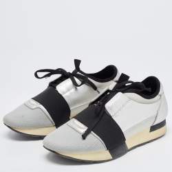 Pre Owned Balenciaga Grey/Silver Leather and Knit Fabric Race Runner Sneakers Size 38