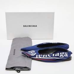 Pre Owned Balenciaga Blue Print Fabric Knife Pointed Toe Slingback Flat Sandals Size 37