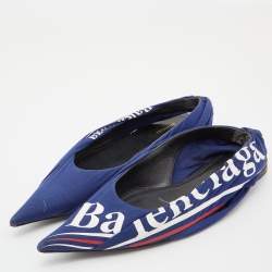 Pre Owned Balenciaga Blue Print Fabric Knife Pointed Toe Slingback Flat Sandals Size 37