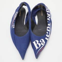 Pre Owned Balenciaga Blue Print Fabric Knife Pointed Toe Slingback Flat Sandals Size 37
