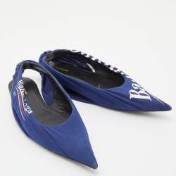 Pre Owned Balenciaga Blue Print Fabric Knife Pointed Toe Slingback Flat Sandals Size 37