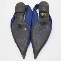 Pre Owned Balenciaga Blue Print Fabric Knife Pointed Toe Slingback Flat Sandals Size 37