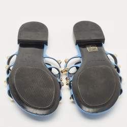 Pre Owned Balenciaga Blue Leather Studded Arena Flat Slides Size 38