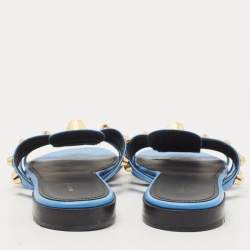 Pre Owned Balenciaga Blue Leather Studded Arena Flat Slides Size 38