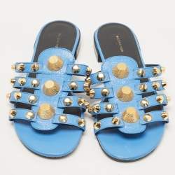 Pre Owned Balenciaga Blue Leather Studded Arena Flat Slides Size 38