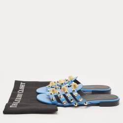Pre Owned Balenciaga Blue Leather Studded Arena Flat Slides Size 38