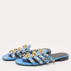 Pre Owned Balenciaga Blue Leather Studded Arena Flat Slides Size 38