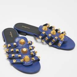 Pre Owned Balenciaga Purple Leather Arena Studded Flat Slides Size 39.5