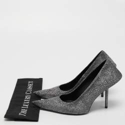 Pre Owned Balenciaga Silver/Black Lurex Fabric Square Knife Pumps Size 38
